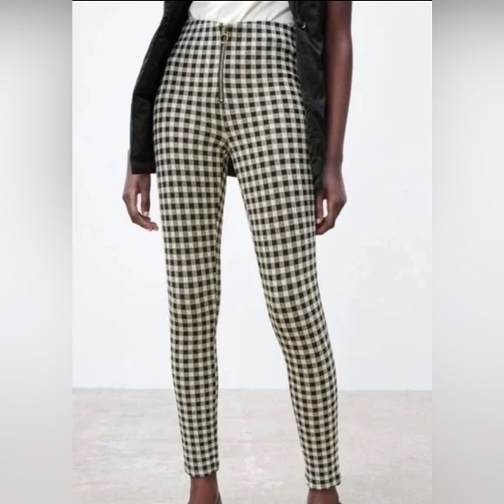 ZARA Gingham Leggings cream & Black size Small EUC